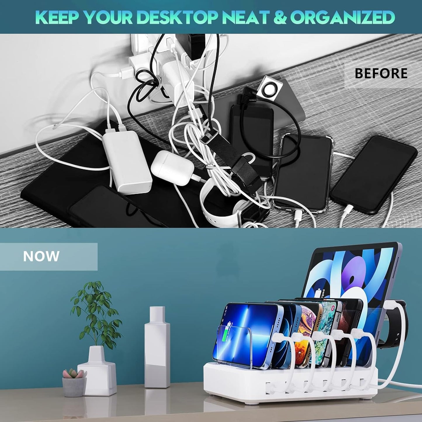 Charging Station for Multiple Devices with Adjustable Dividers and Six Ports, 60W Total