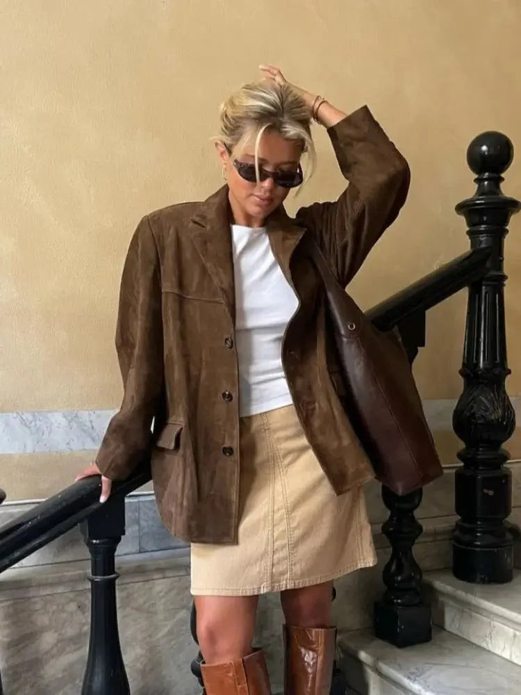 Women's Suede Jacket with Tailored Lapel and Hidden Pockets, Lightweight Lining Avento Goods