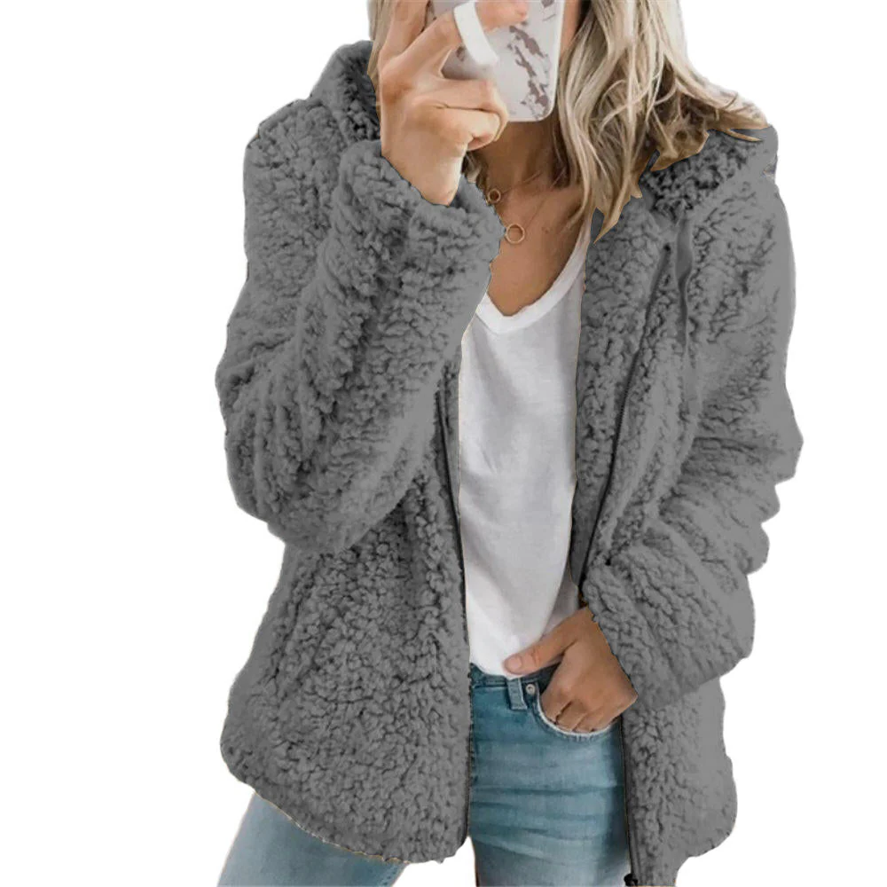 Teddy Coat with Full-Length Zipper and Side Pockets, Plush Fleece Lined Hip-Length