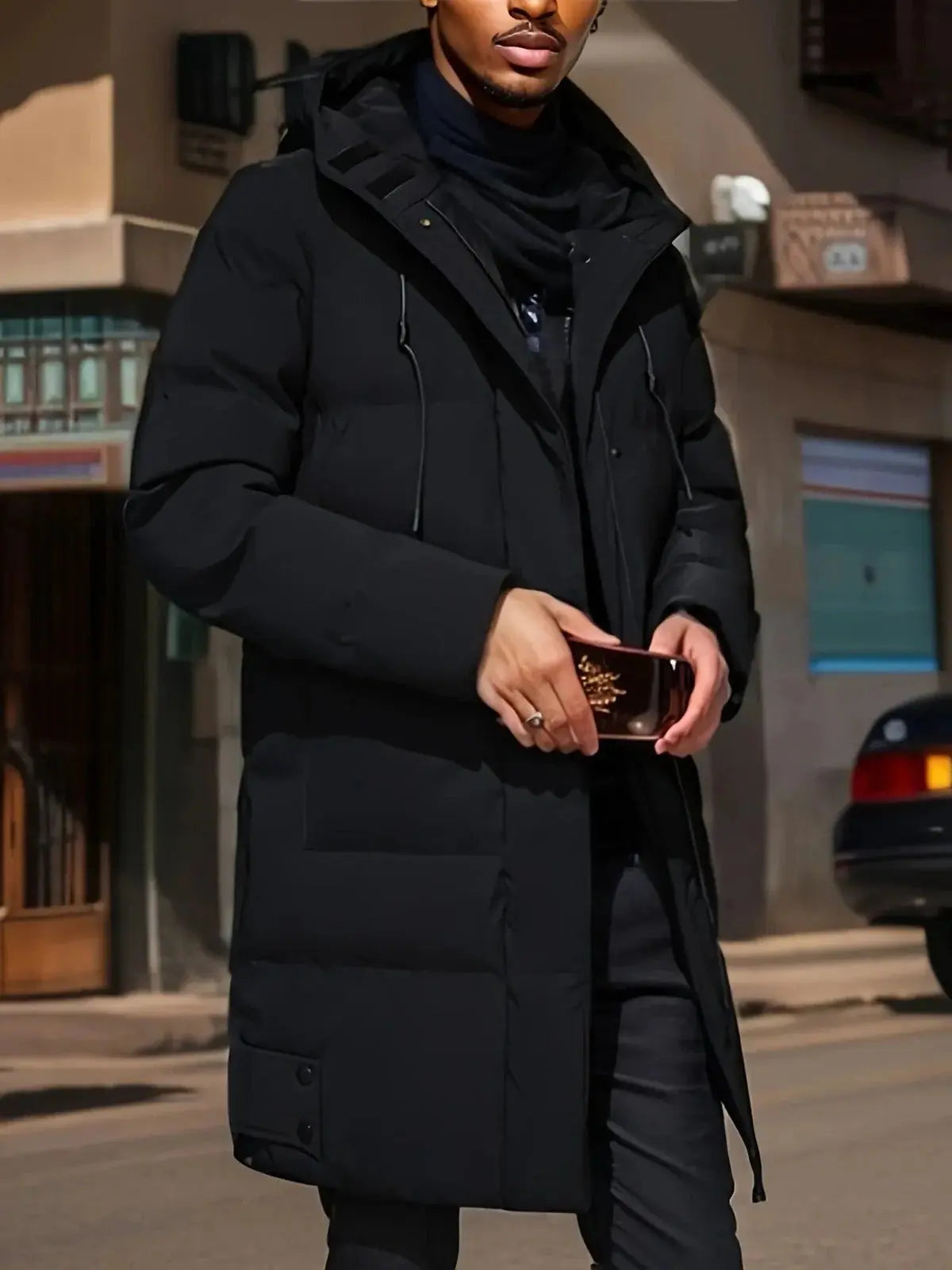 Men's Insulated Winter Jacket with Water-Resistant Shell and Adjustable Hood, Mid-Thigh Avento Goods