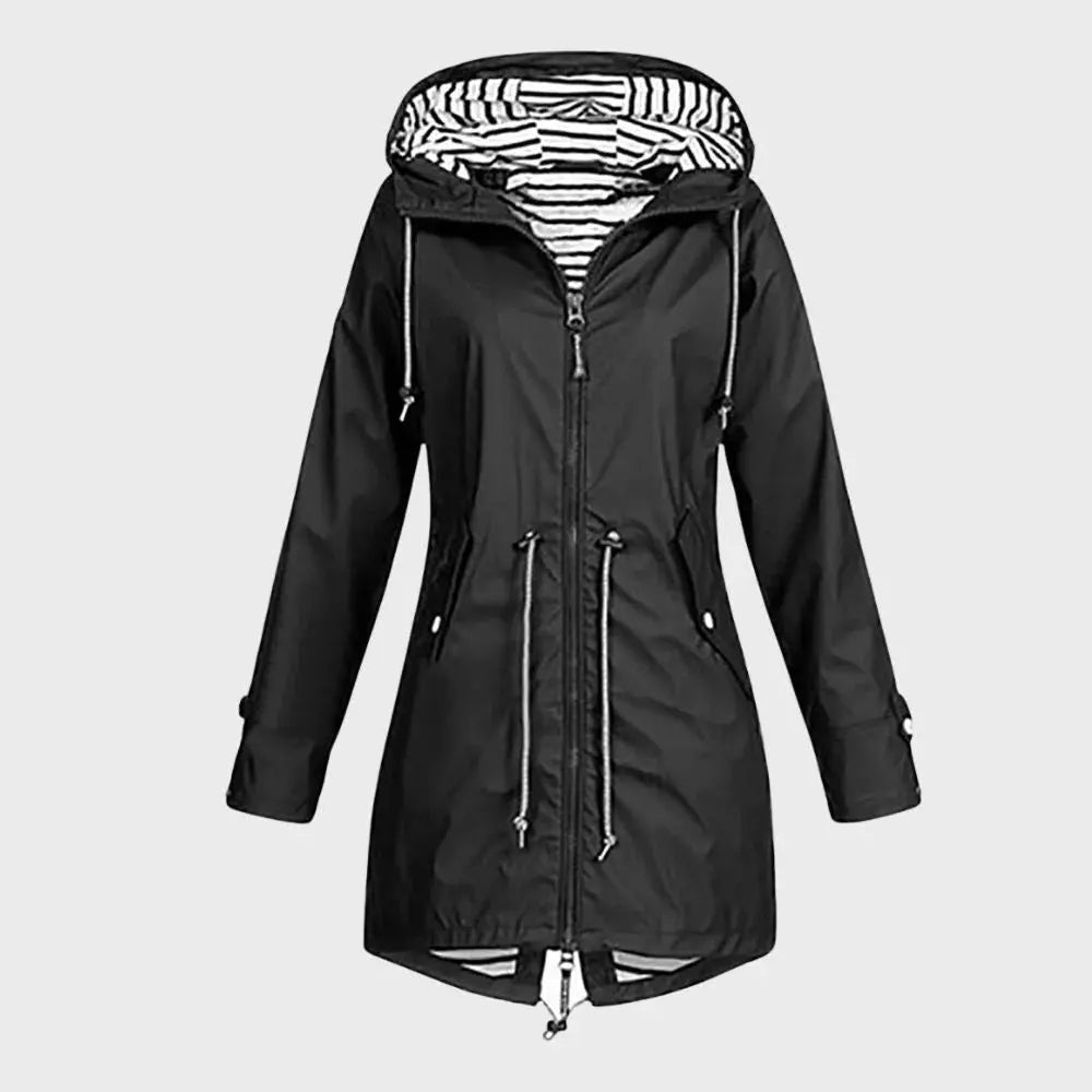 Women's Long Rain Jacket with Adjustable Hood and Breathable Lining, Secure Pockets Avento Goods