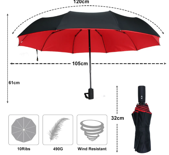 Travel Umbrella with Windproof Vented Canopy and Automatic One-Hand Open, 100cm Diameter