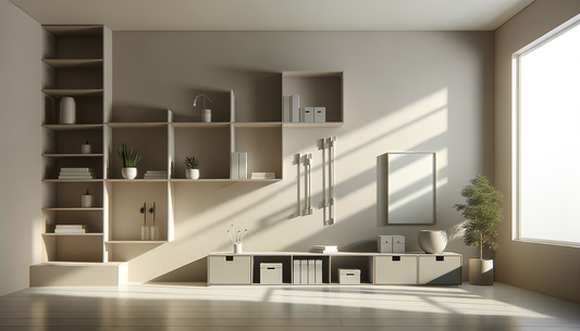 minimalist living room with organized shelves and cable clips in soft natural light