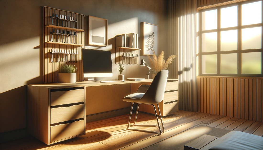 minimalist desk with cable clips, soft natural light, and organized workspace essentials