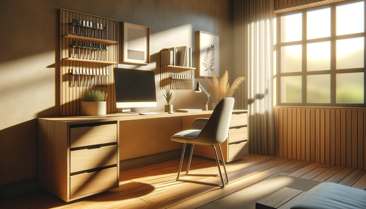 minimalist desk with cable clips, soft natural light, and organized workspace essentials