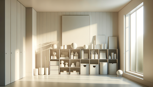 minimalist room with organized shelves and smart storage in soft natural light