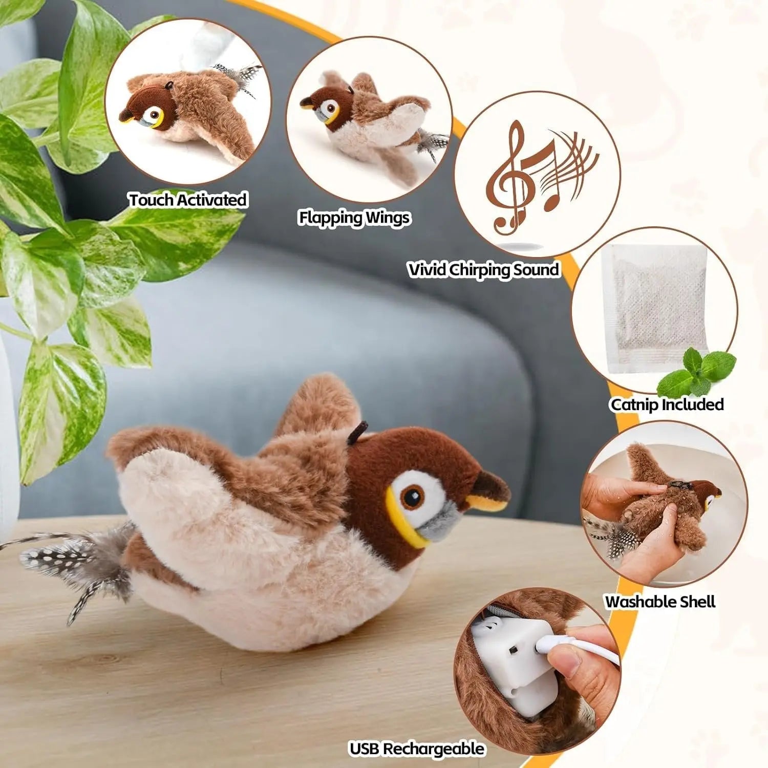 Interactive Cat Toy with Motion-Activated Chirping and Feathery Tail, USB Rechargeable Avento Goods