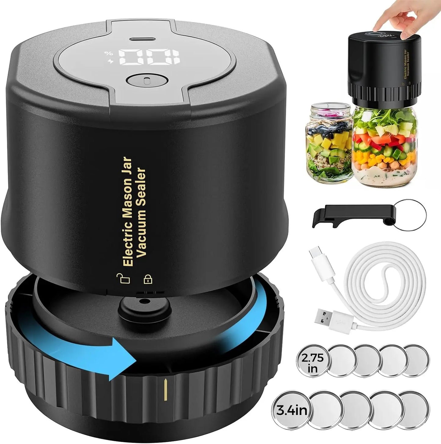 Jar Vacuum Sealer with Rechargeable Cordless Pump and 10 Lids, Fits Standard Canning Jars Avento Goods