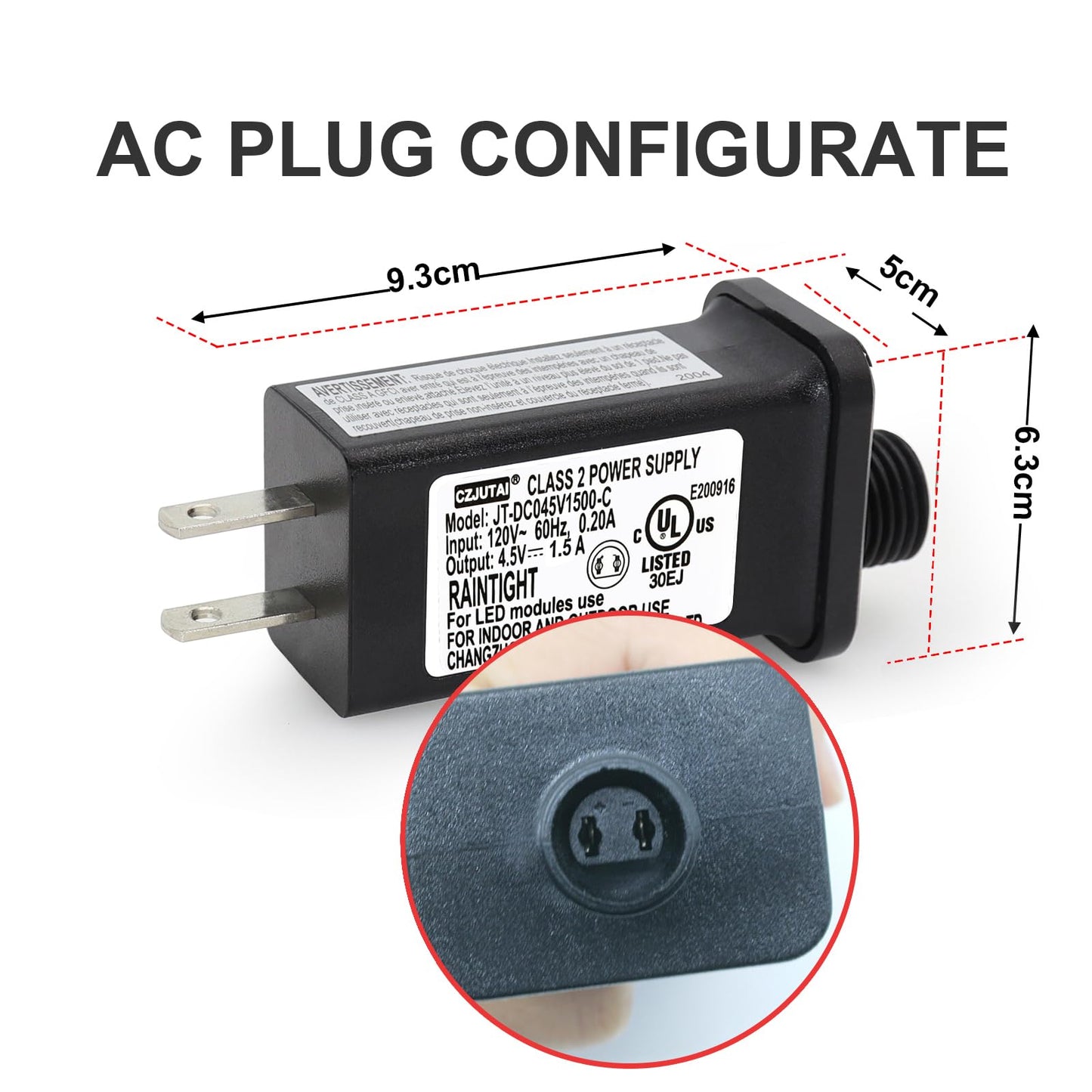 4.5V Power Adapter with 1.5A Output and Reinforced Cable, for Indoor Holiday Lighting
