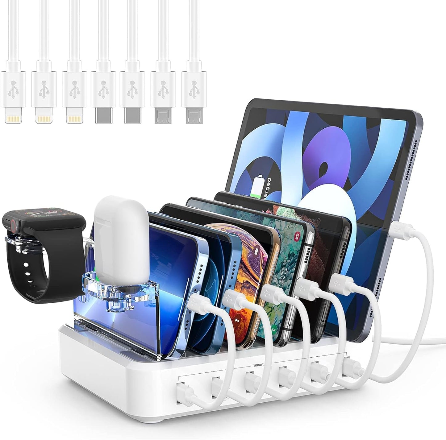 Charging Station for Multiple Devices with Adjustable Dividers and Six Ports, 60W Total
