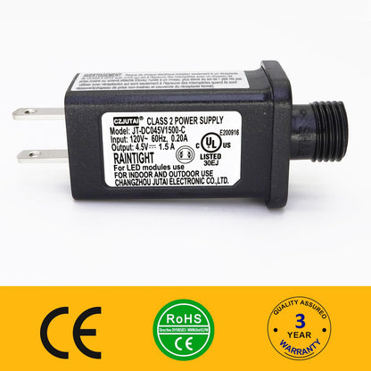 4.5V Power Adapter with 1.5A Output and Reinforced Cable, for Indoor Holiday Lighting