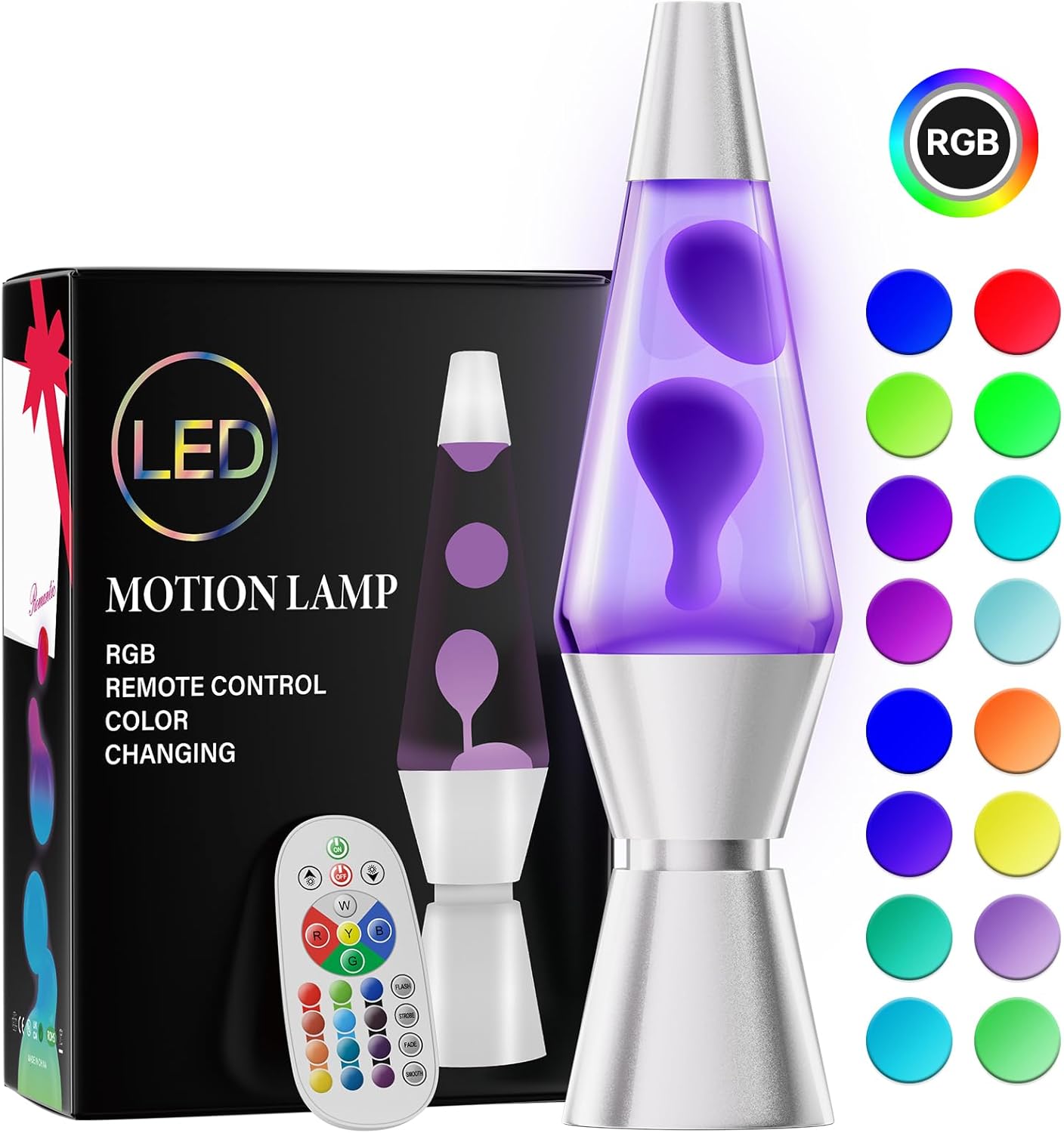 Color Changing Lava Lamp with LED Cool-Running Base and Remote Control, 14.5in Tall
