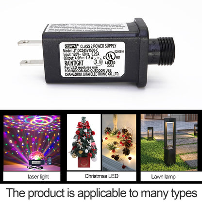 4.5V Power Adapter with 1.5A Output and Reinforced Cable, for Indoor Holiday Lighting