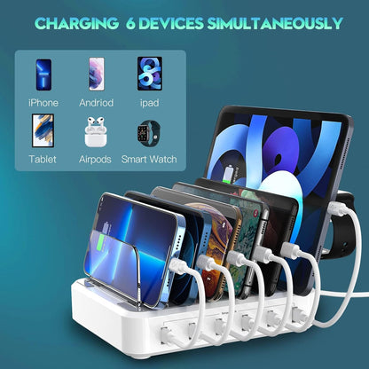 Charging Station for Multiple Devices with Adjustable Dividers and Six Ports, 60W Total