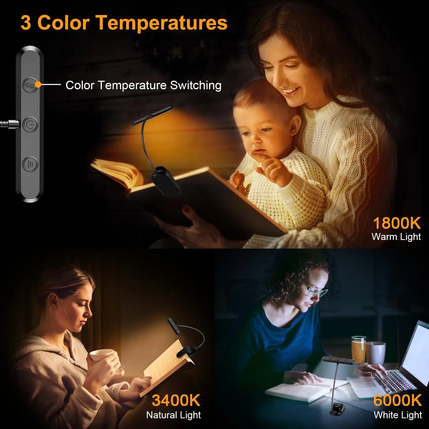 Rechargeable Book Light with Horizontal Head and 360° Flexible Neck, USB-C, 3 Color Temps Avento Goods