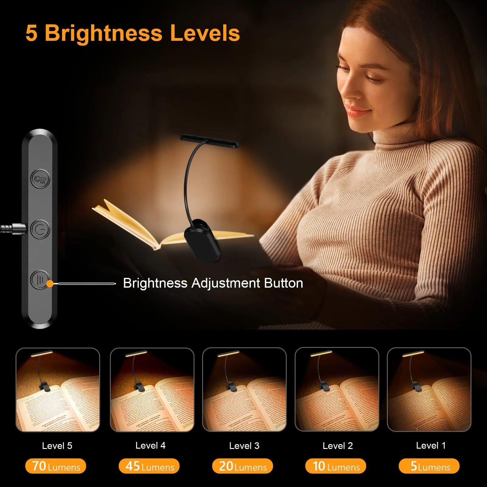 Rechargeable Book Light with Horizontal Head and 360° Flexible Neck, USB-C, 3 Color Temps Avento Goods