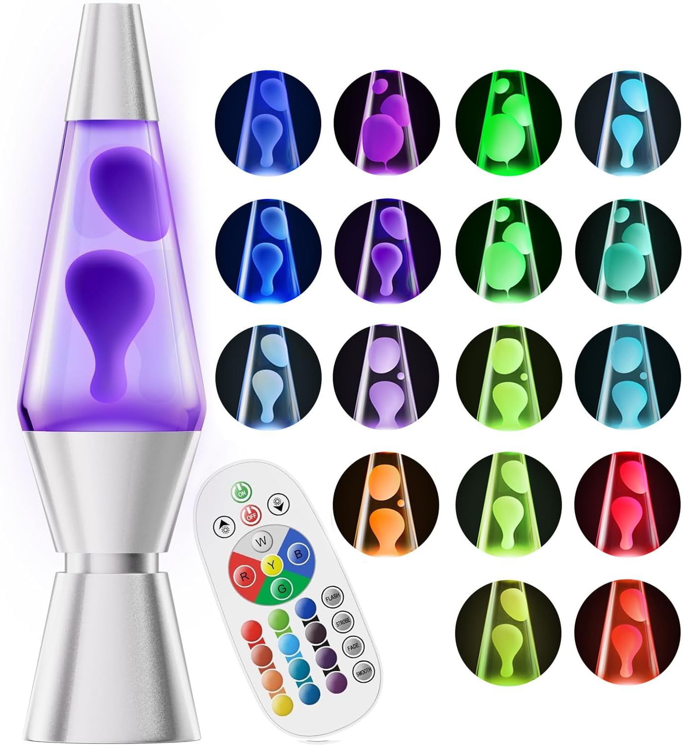 Color Changing Lava Lamp with LED Cool-Running Base and Remote Control, 14.5in Tall