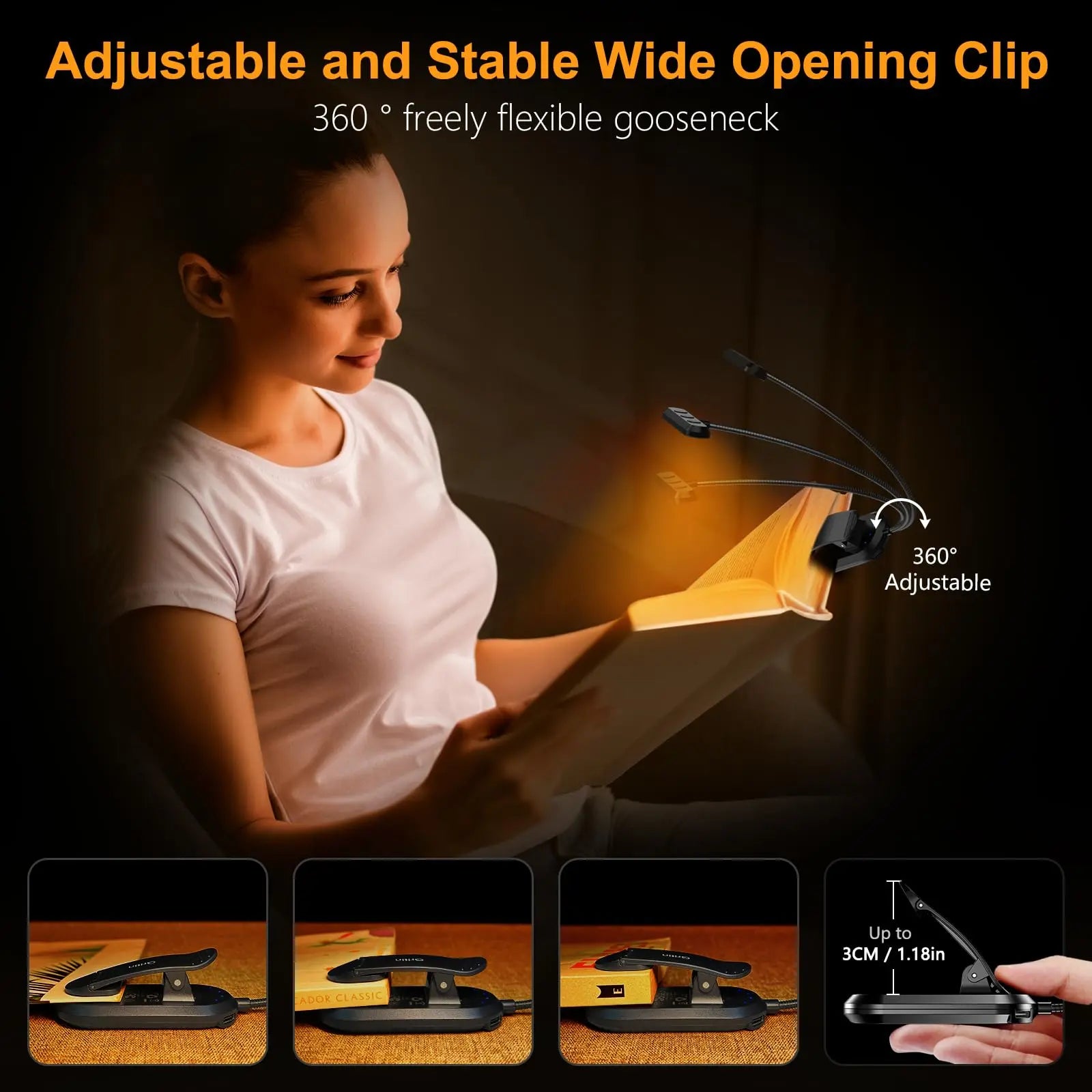 Rechargeable Book Light with Horizontal Head and 360° Flexible Neck, USB-C, 3 Color Temps Avento Goods