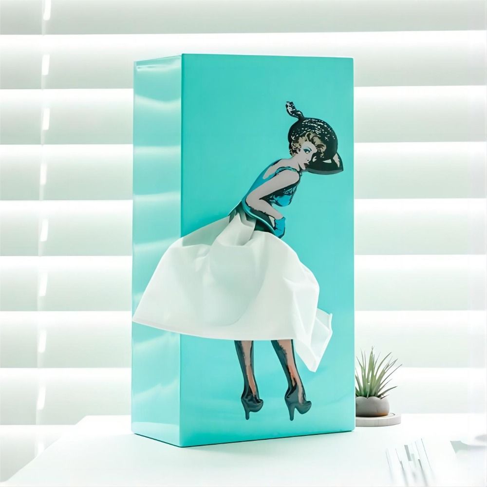 Tissue Box Cover with Fluttering Skirt and Weighted Base, Fits Standard Rectangular Boxes