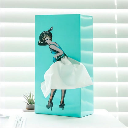 Tissue Box Cover with Fluttering Skirt and Weighted Base, Fits Standard Rectangular Boxes