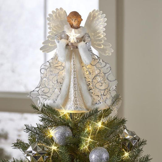 Angel Tree Topper with Motorized Flapping Wings and Fiber Optic Lighting, 12-Inch Height