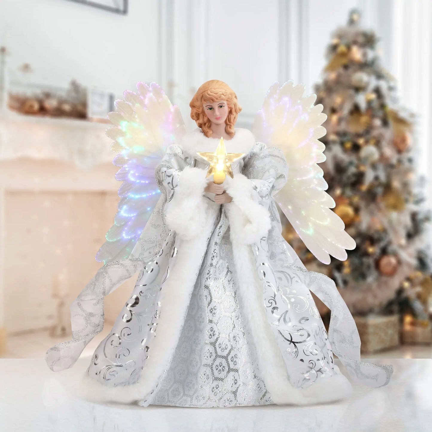 Angel Tree Topper with Motorized Flapping Wings and Fiber Optic Lighting, 12-Inch Height Avento Goods