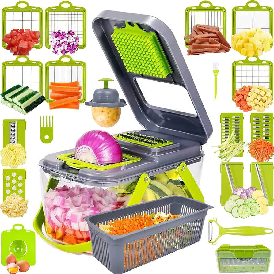 Vegetable Slicer with Interchangeable Blades and Container, Non-Slip Feet