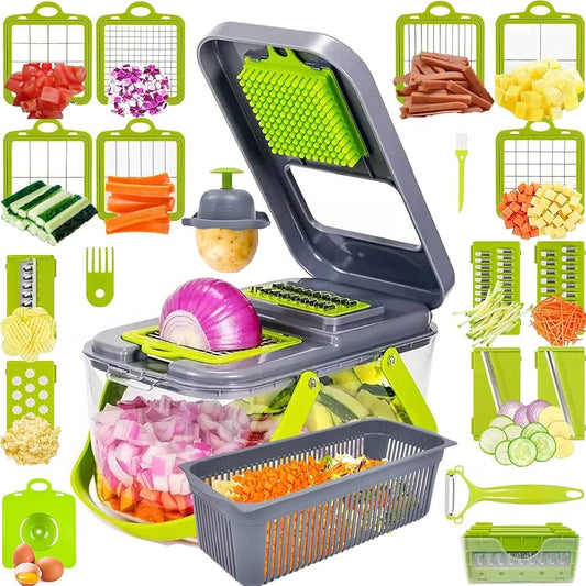 Vegetable Slicer with Interchangeable Blades and Container, Non-Slip Feet