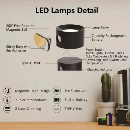 Rechargeable Wall Light Magnetic 360° Ball Joint and Touch Control, USB Type C Avento Goods