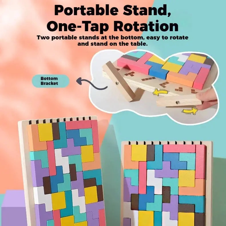 Wooden Shape Puzzle Set with Foldout Stand and 42 Blocks, Travel Storage Tray Avento Goods