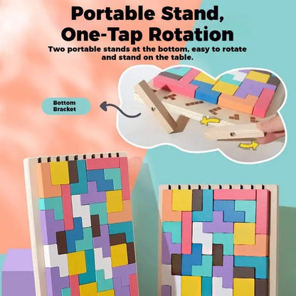 Wooden Shape Puzzle Set with Foldout Stand and 42 Blocks, Travel Storage Tray Avento Goods