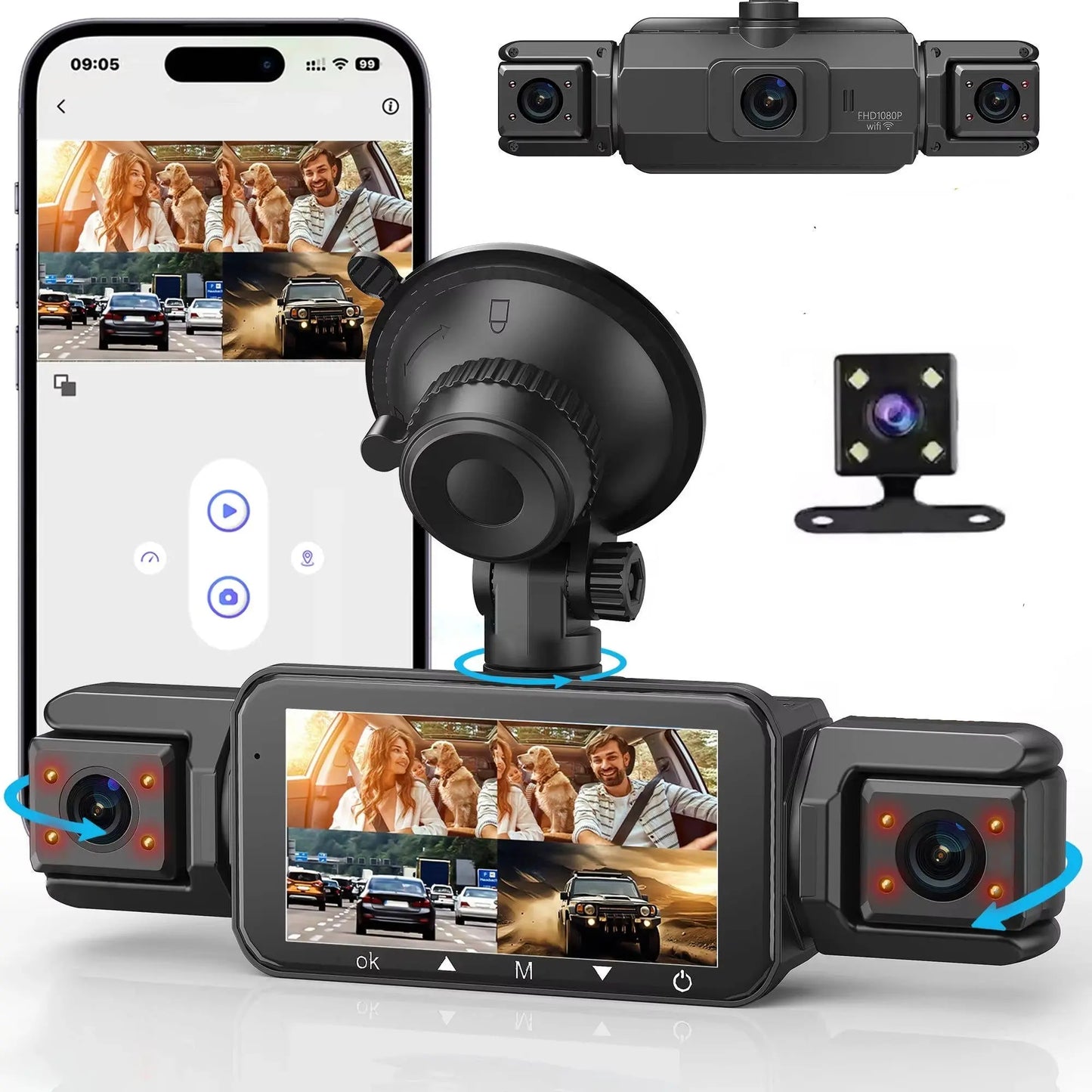 Car Dash Cam 4-Channel with Night Vision and Built-in WiFi, Front Rear Side Recording Avento Goods