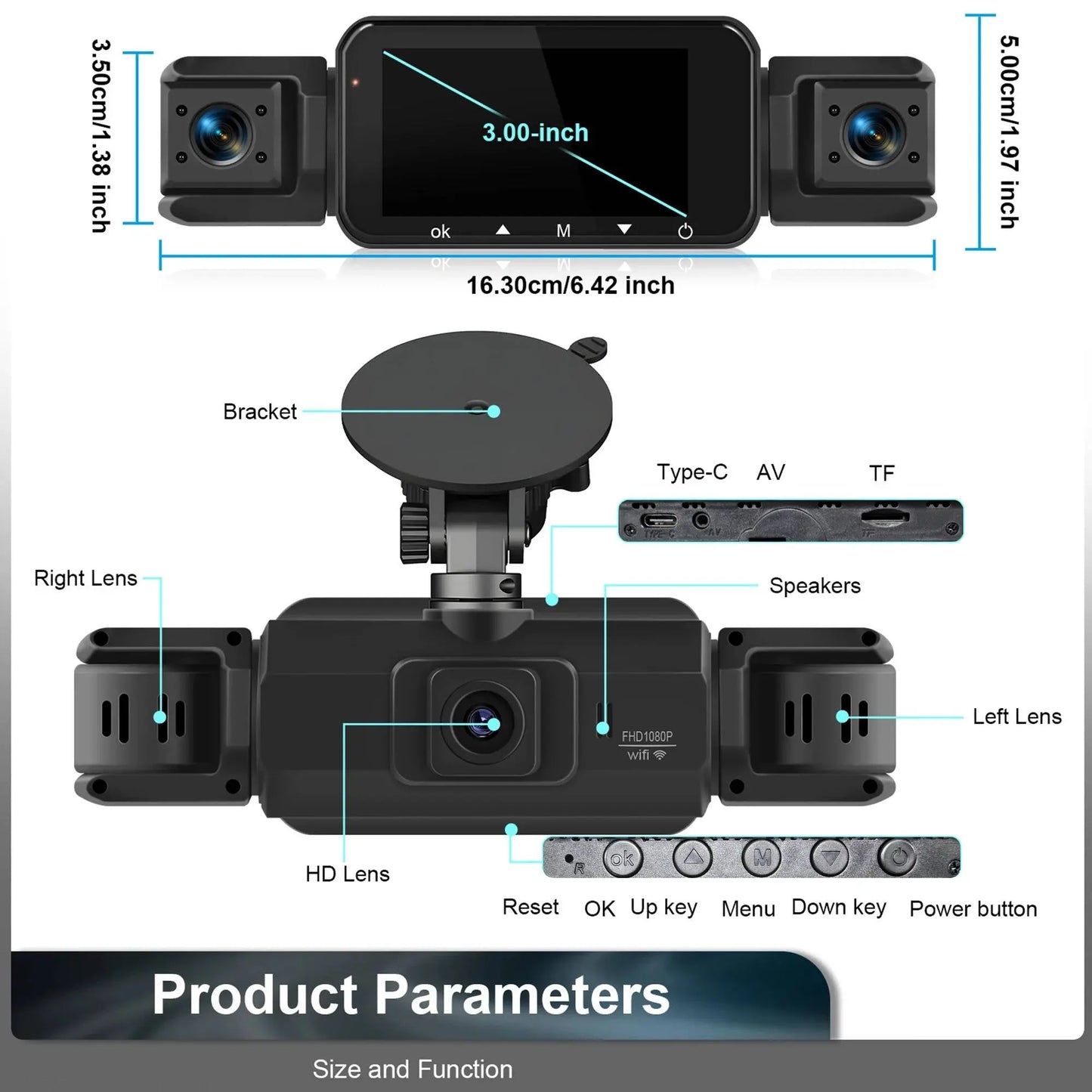 Car Dash Cam 4-Channel with Night Vision and Built-in WiFi, Front Rear Side Recording Avento Goods