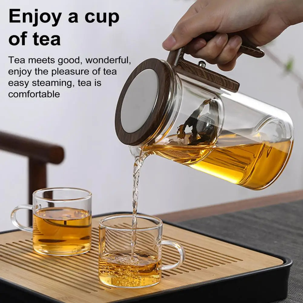 Borosilicate Glass Teapot with Removable Infuser and Wooden Handle, Drip-Resistant Spout