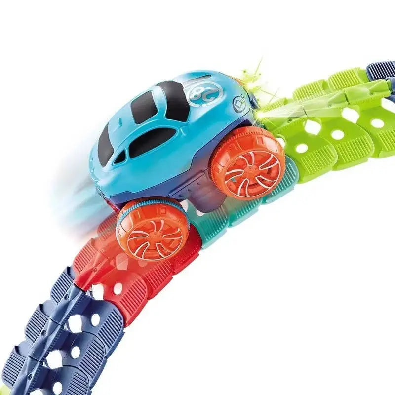 Kids Race Track with Glow-in-the-Dark LED and Flexible Track Segments, Anti-Tip Car Avento Goods