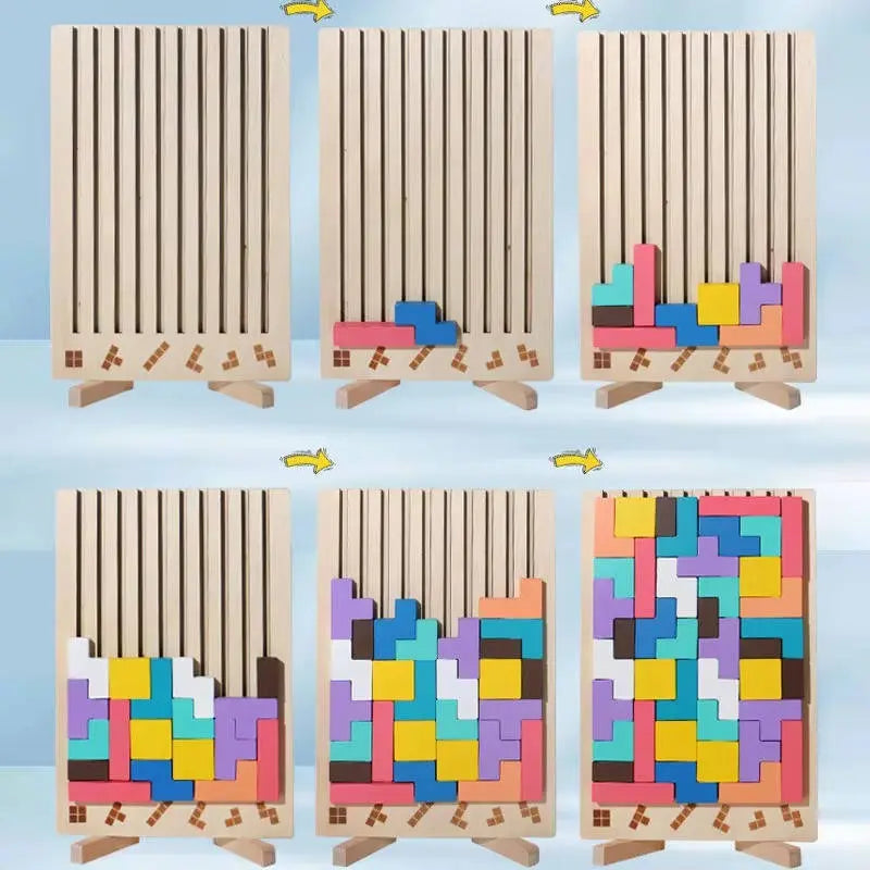Wooden Shape Puzzle Set with Foldout Stand and 42 Blocks, Travel Storage Tray Avento Goods
