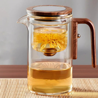 Borosilicate Glass Teapot with Removable Infuser and Wooden Handle, Drip-Resistant Spout