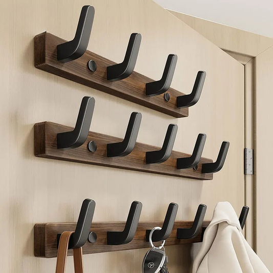 Wall-Mounted Coat Rack with Solid Wood Backing and Metal Hooks, Matte Black