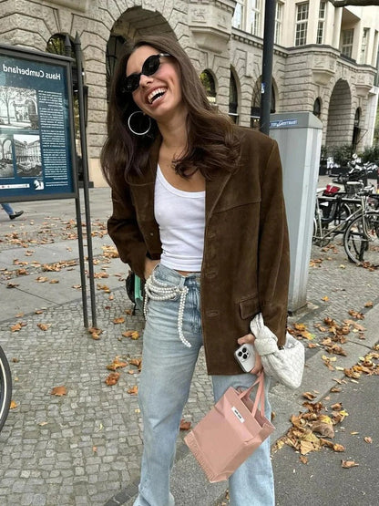 Women's Suede Jacket with Tailored Lapel and Hidden Pockets, Lightweight Lining