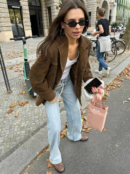 Women's Suede Jacket with Tailored Lapel and Hidden Pockets, Lightweight Lining