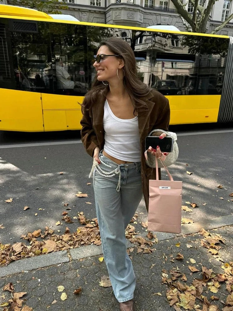 Women's Suede-Effect Jacket with Tailored Lapel and Deep Pockets, Brown