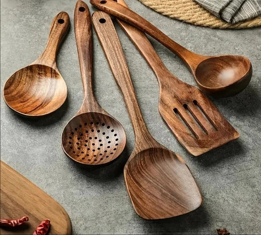 Teak Wood Utensil Set with Food-Safe Finish and Ergonomic Handles, 4-Piece