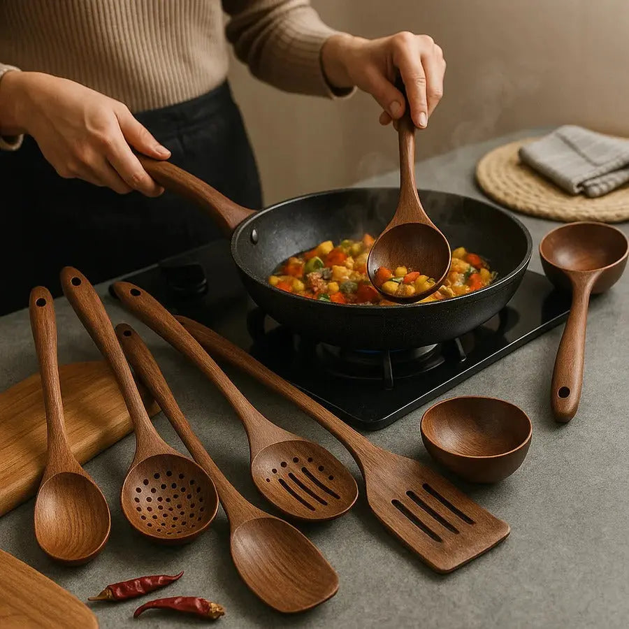 Teak Wood Utensil Set with Food-Safe Finish and Ergonomic Handles, 4-Piece Avento Goods