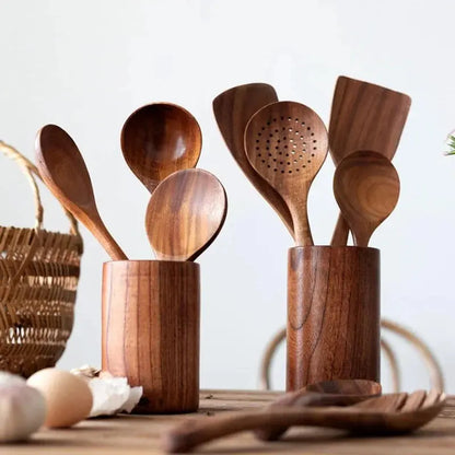 Teak Wood Utensil Set with Food-Safe Finish and Ergonomic Handles, 4-Piece Avento Goods