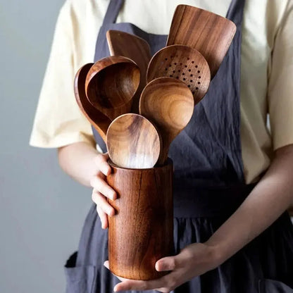 Teak Wood Utensil Set with Food-Safe Finish and Ergonomic Handles, 4-Piece Avento Goods