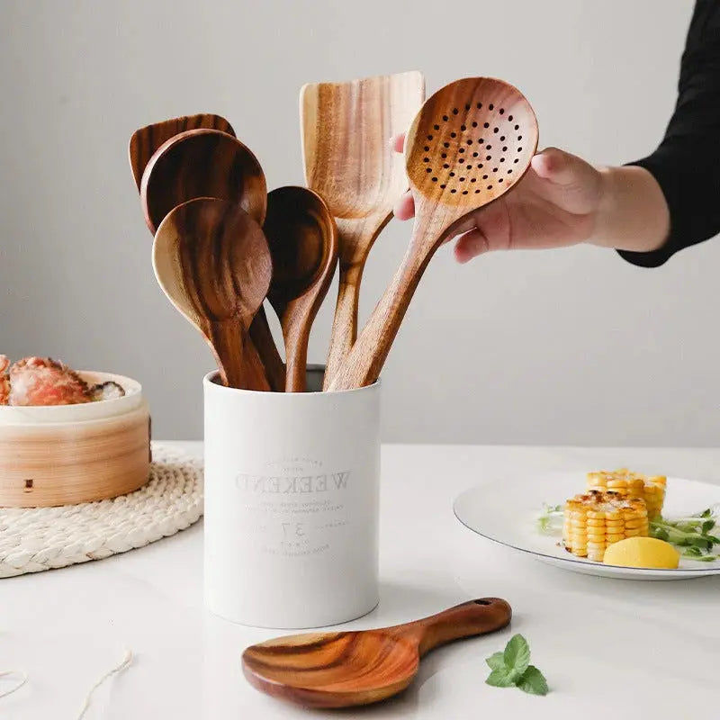 Teak Wood Utensil Set with Food-Safe Finish and Ergonomic Handles, 4-Piece Avento Goods