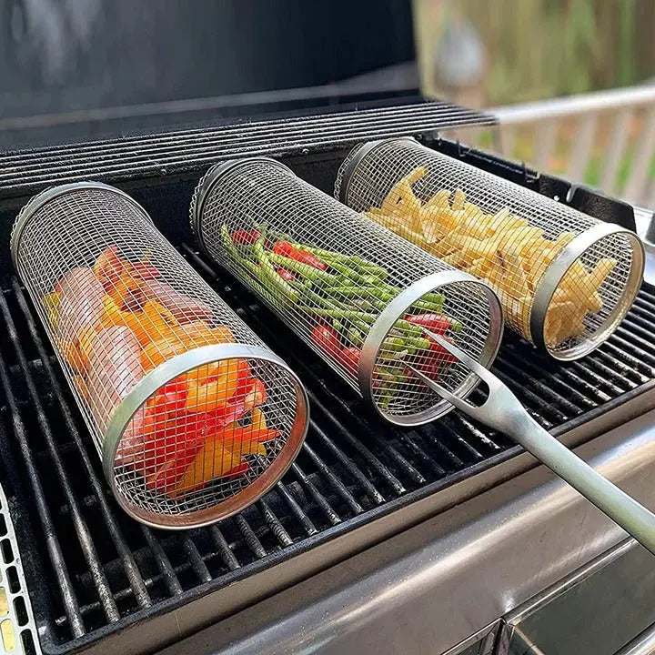 Rotisserie Grill Basket with Movable Door and Retaining Clip, Stainless Steel Avento Goods