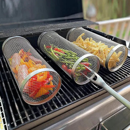 Rotisserie Grill Basket with Movable Door and Retaining Clip, Stainless Steel Avento Goods