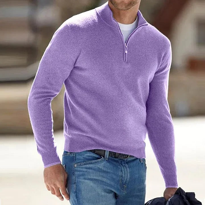 Cashmere Sweater with Zip Front and Regular Fit, Lightweight Breathable Knit for Men