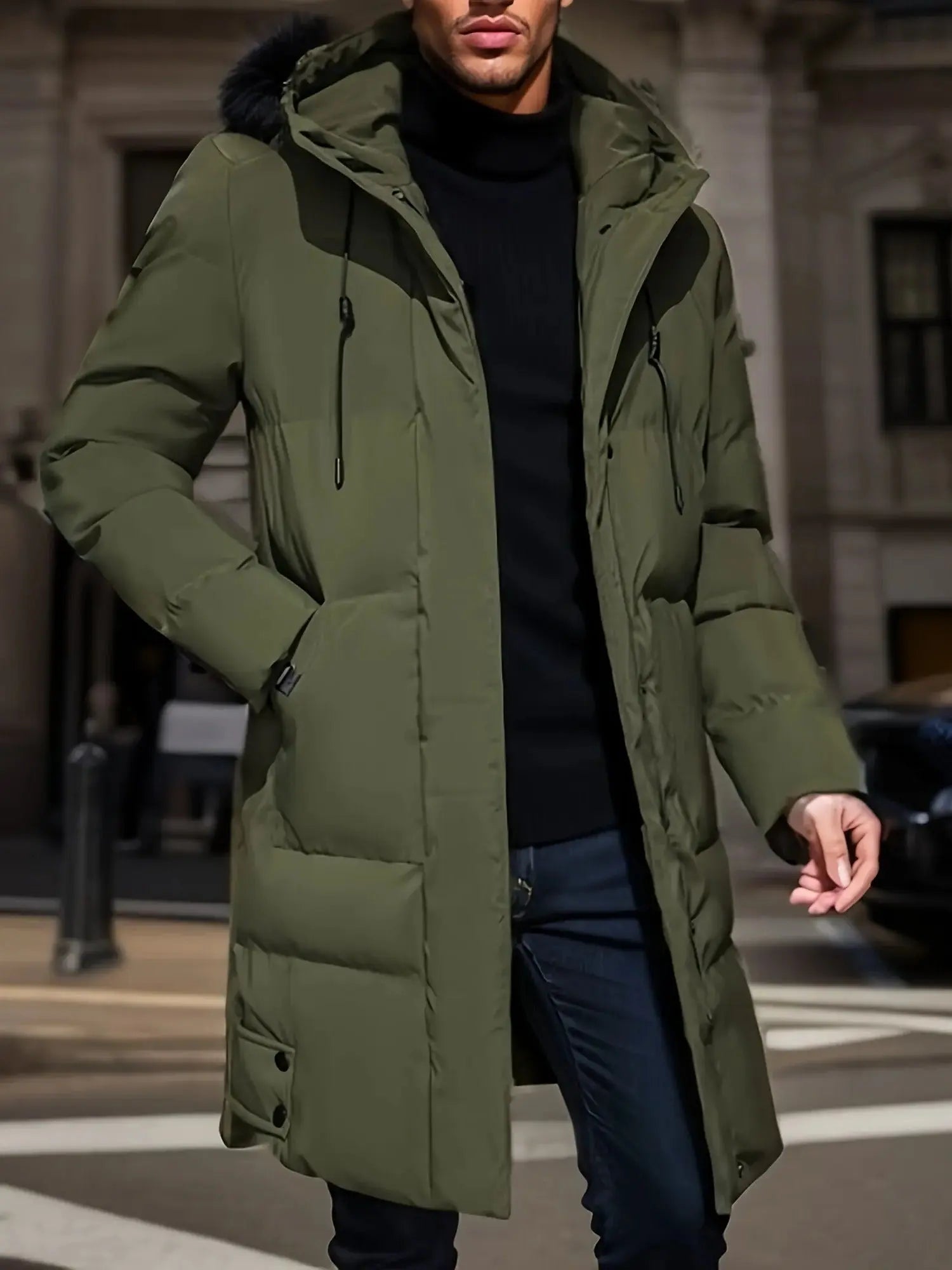 Men's Insulated Winter Jacket with Water-Resistant Shell and Adjustable Hood, Mid-Thigh Avento Goods